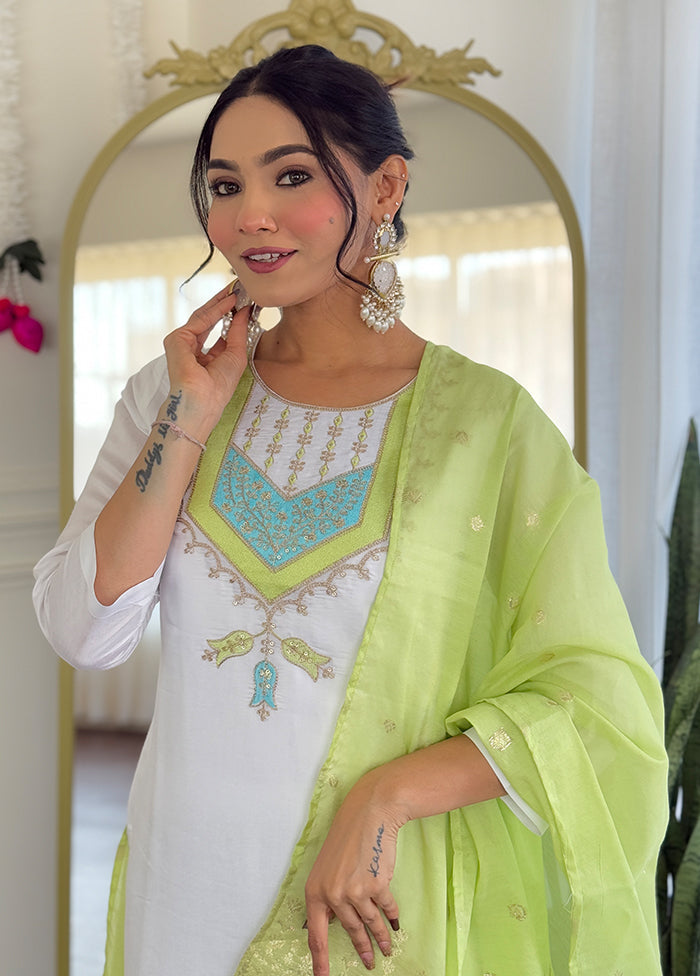 3 Pc White Readymade Viscose Dupatta Suit Set