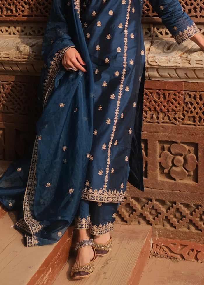3 Pc Blue Readymade Viscose Dupatta Suit Set