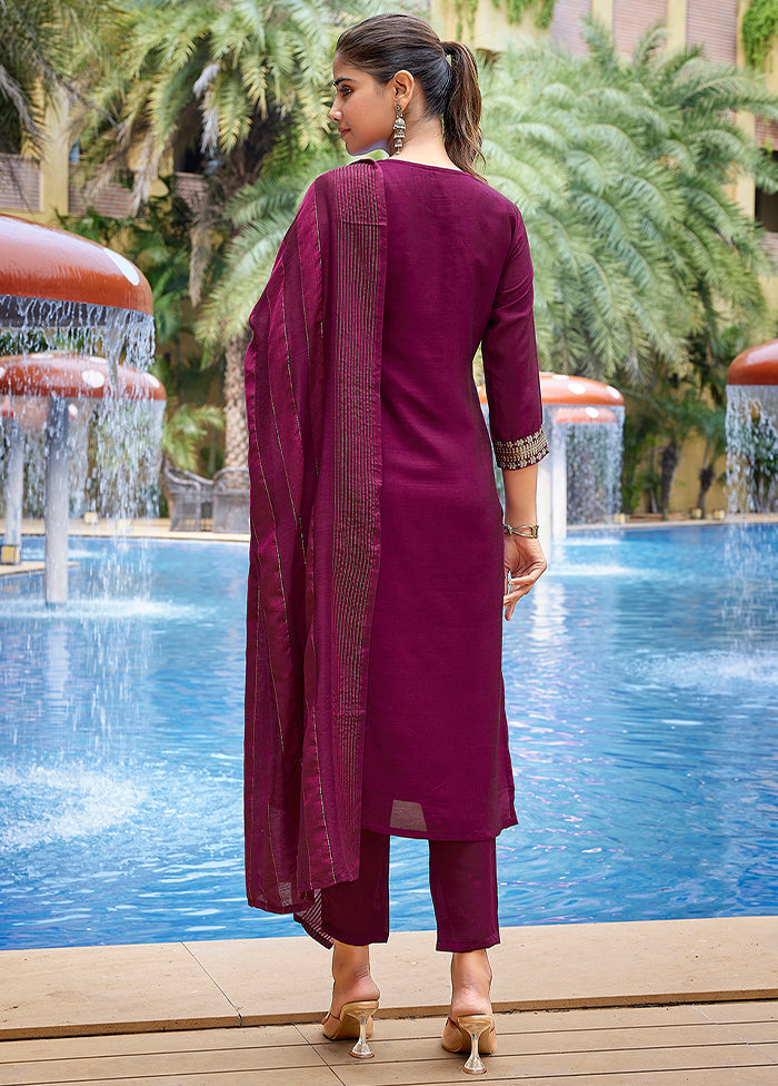 3 Pc Purple Readymade Silk Dupatta Suit Set