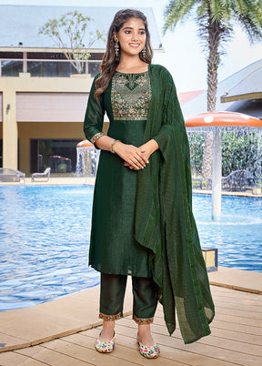 3 Pc Bottle Green Readymade Silk Dupatta Suit Set