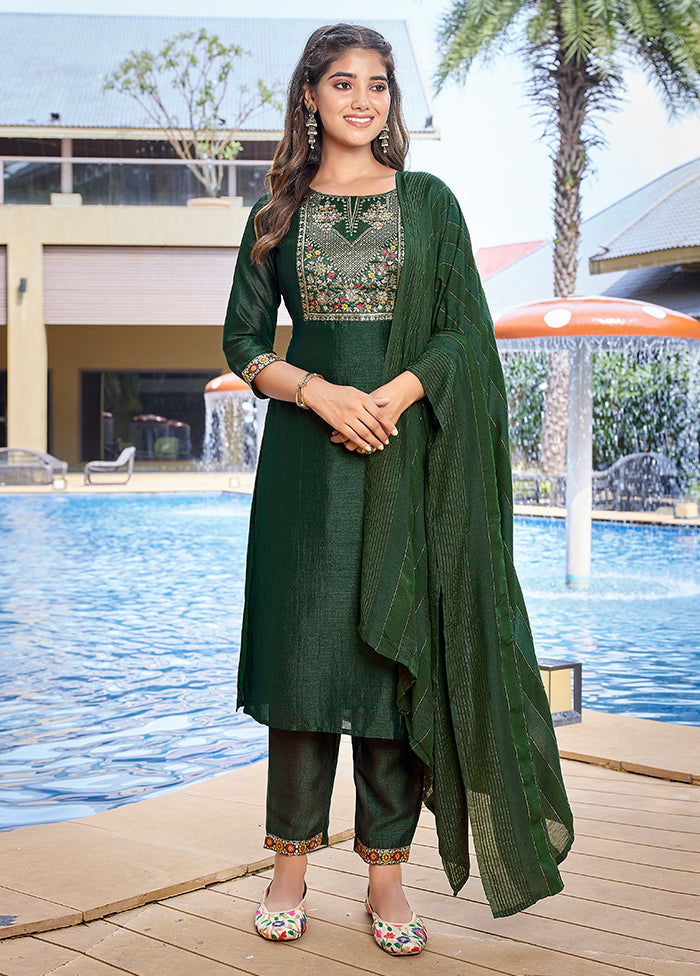 3 Pc Bottle Green Readymade Silk Dupatta Suit Set