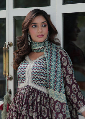 3 Pc Wine Readymade Cotton Dupatta Suit Set