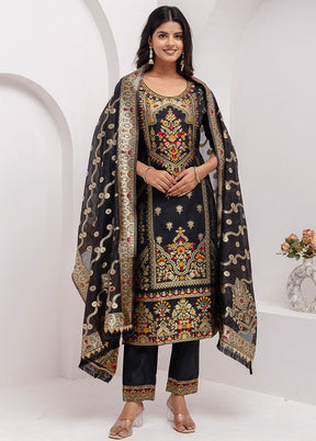 3 Pc Black Readymade Silk Dupatta Suit Set