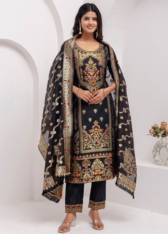 3 Pc Black Readymade Silk Dupatta Suit Set