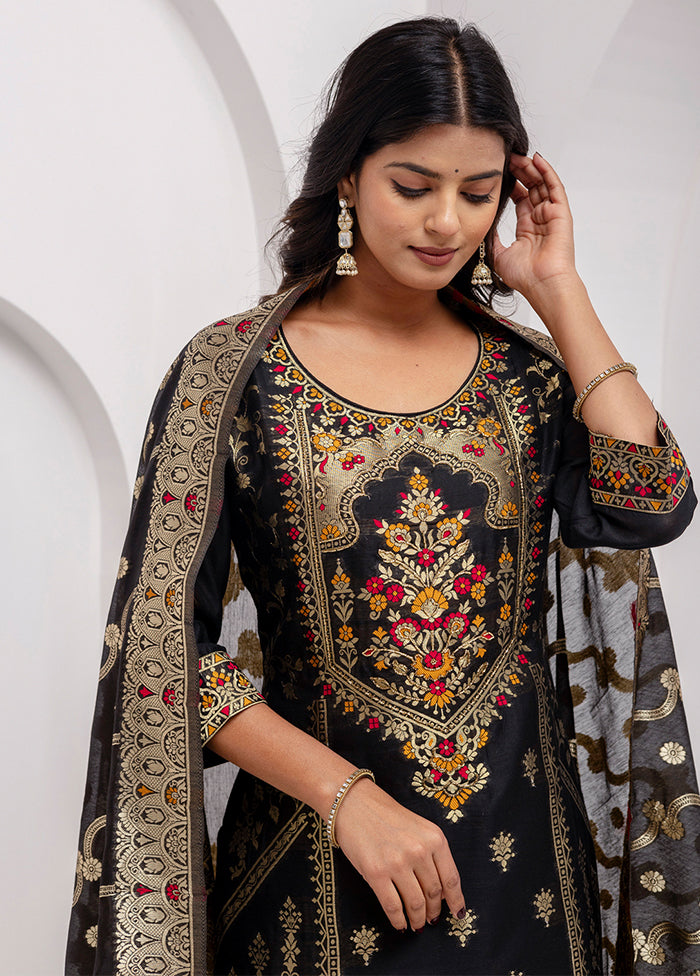 3 Pc Black Readymade Silk Dupatta Suit Set