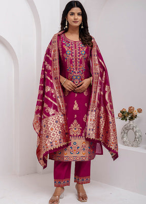 3 Pc Purple Readymade Silk Dupatta Suit Set