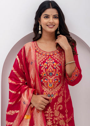 3 Pc Red Readymade Silk Dupatta Suit Set