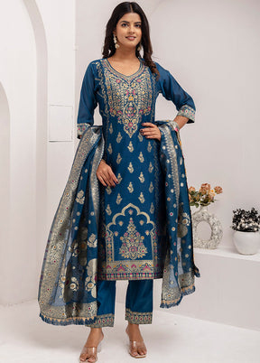 3 Pc Teal Blue Readymade Silk Dupatta Suit Set