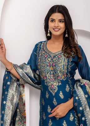 3 Pc Teal Blue Readymade Silk Dupatta Suit Set