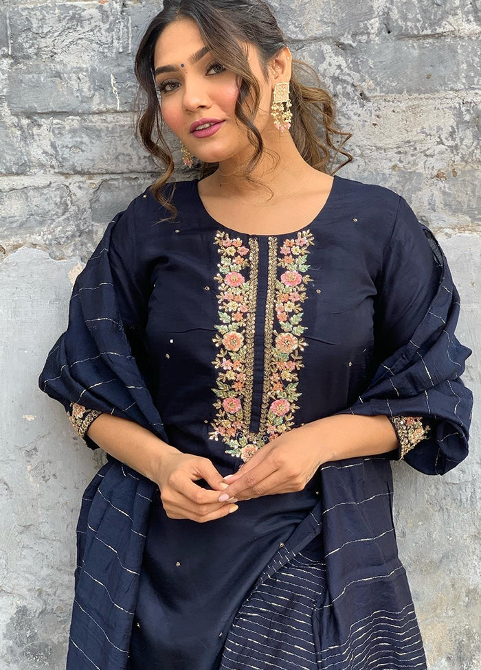3 Pc Blue Readymade Viscose Dupatta Suit Set