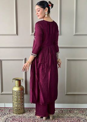 3 Pc Wine Readymade Silk Dupatta Suit Set