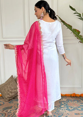 3 Pc White Readymade Viscose Dupatta Suit Set