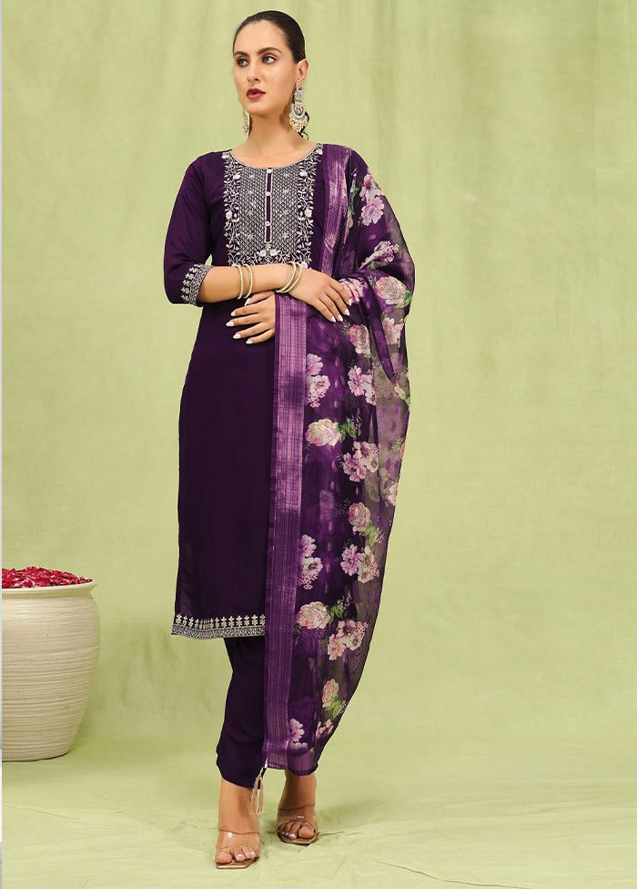 3 Pc Purple Readymade Viscose Dupatta Suit Set
