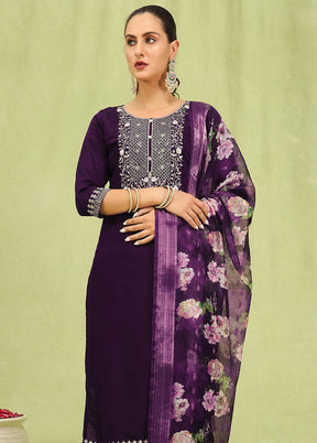3 Pc Purple Readymade Viscose Dupatta Suit Set