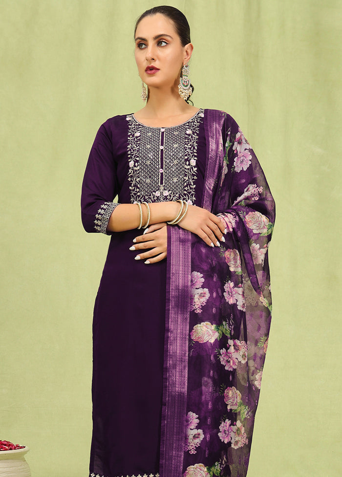 3 Pc Purple Readymade Viscose Dupatta Suit Set