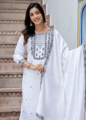 3 Pc White Readymade Viscose Dupatta Suit Set