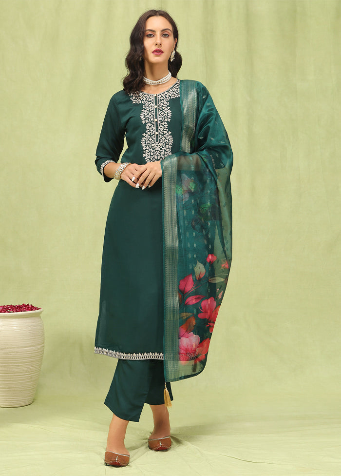 3 Pc Green Readymade Viscose Dupatta Suit Set