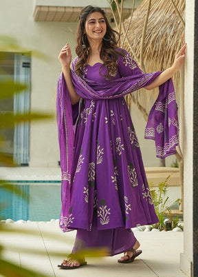 3 Pc Purple Readymade Cotton Dupatta Suit Set