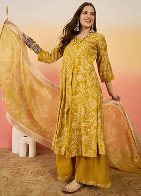 3 Pc Mustard Readymade Silk Dupatta Suit Set