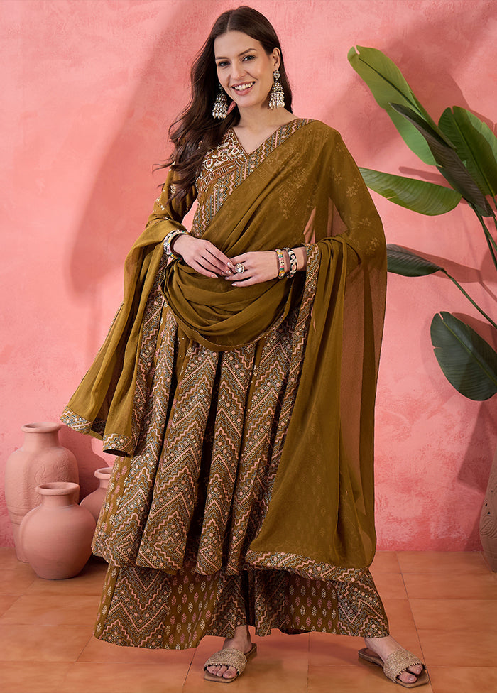 3 Pc Brown Readymade Silk Dupatta Suit Set