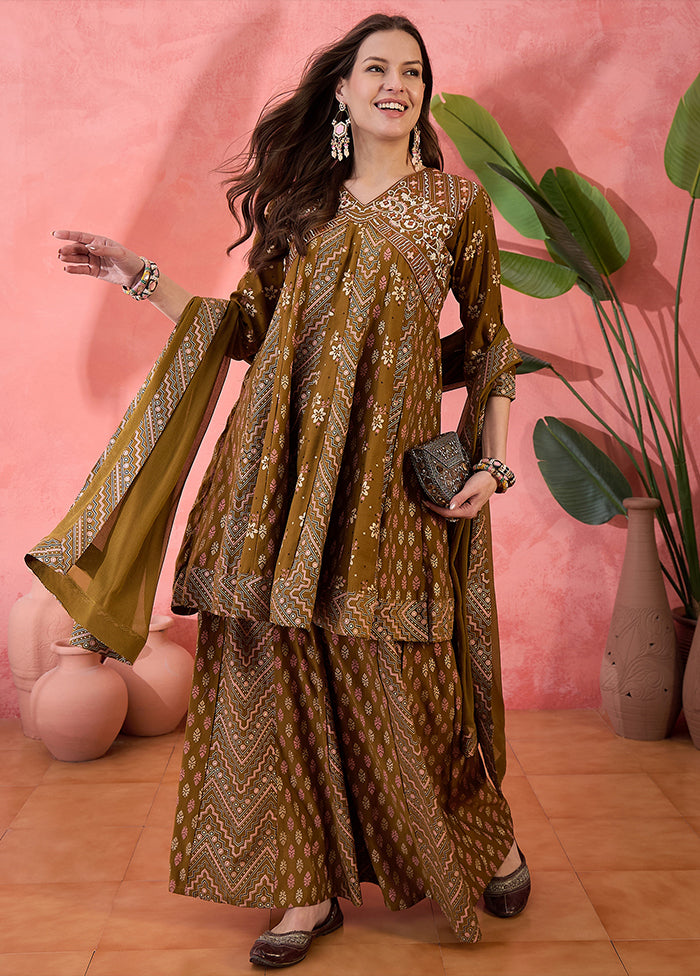 3 Pc Brown Readymade Silk Dupatta Suit Set