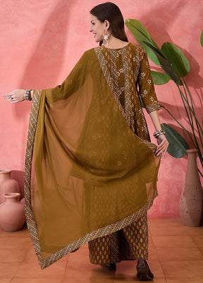 3 Pc Brown Readymade Silk Dupatta Suit Set