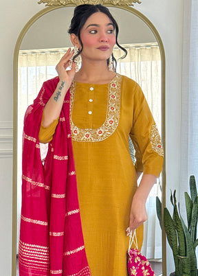 3 Pc Mustard Readymade Silk Dupatta Suit Set