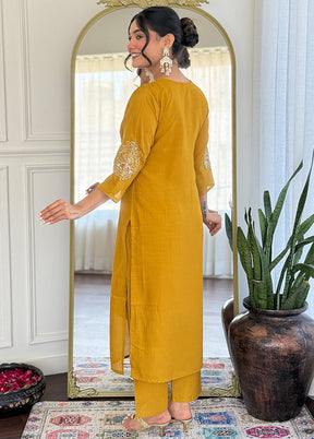 3 Pc Mustard Readymade Silk Dupatta Suit Set