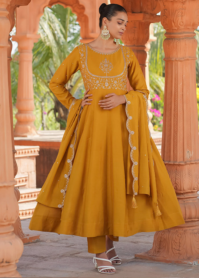 3 Pc Mustard Readymade Silk Dupatta Suit Set