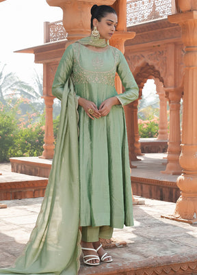 3 Pc Pista Green Readymade Silk Dupatta Suit Set