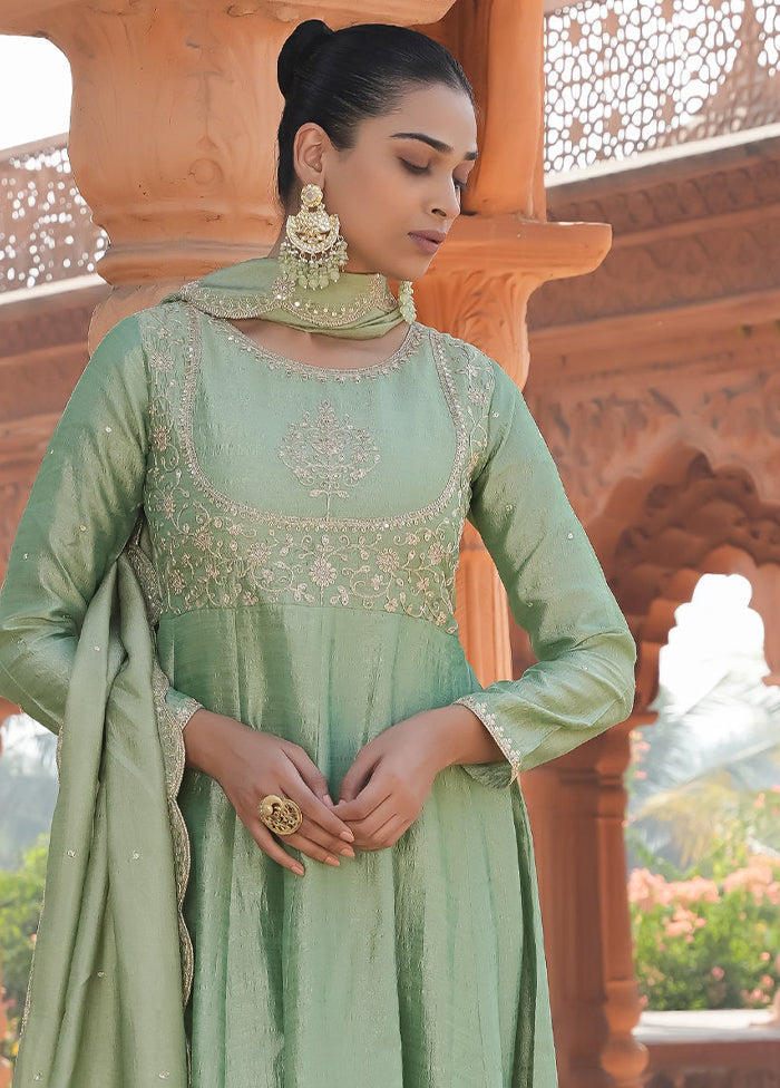 3 Pc Pista Green Readymade Silk Dupatta Suit Set