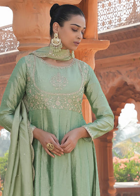 3 Pc Pista Green Readymade Silk Dupatta Suit Set