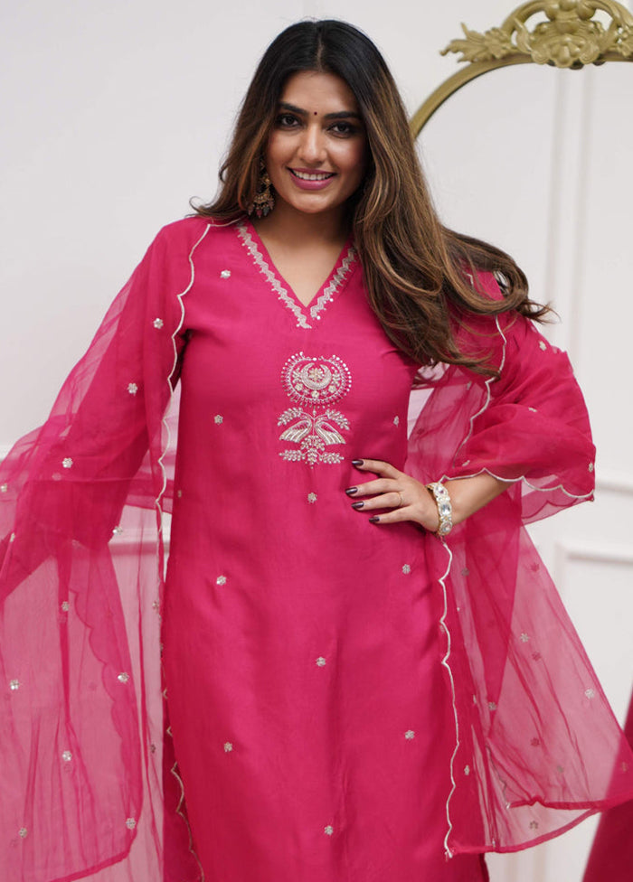 3 Pc Pink Readymade Viscose Dupatta Suit Set