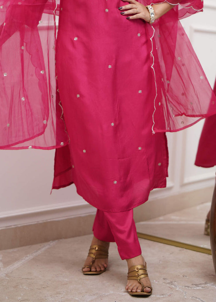 3 Pc Pink Readymade Viscose Dupatta Suit Set