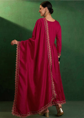 3 Pc Red Readymade Silk Dupatta Suit Set