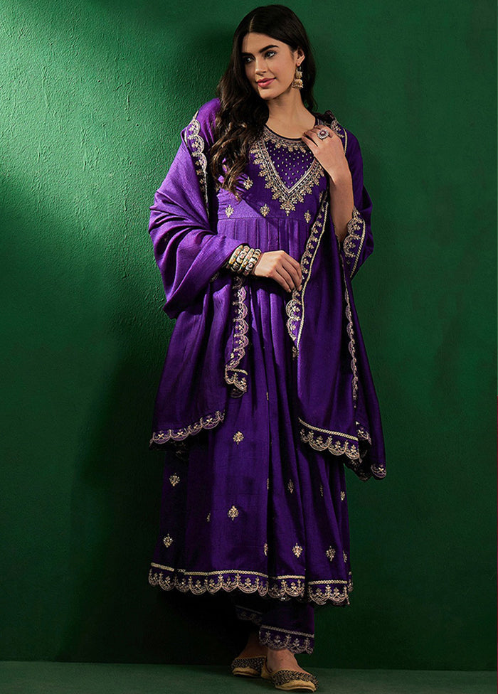 3 Pc Purple Readymade Silk Dupatta Suit Set