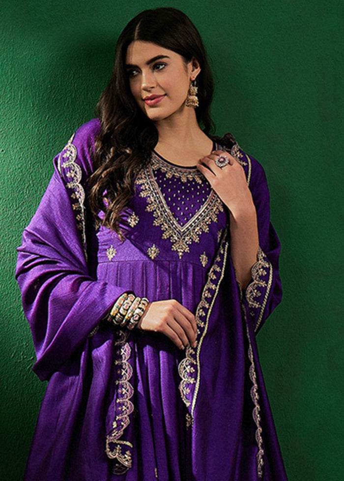 3 Pc Purple Readymade Silk Dupatta Suit Set