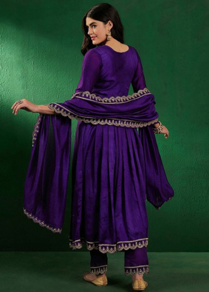 3 Pc Purple Readymade Silk Dupatta Suit Set
