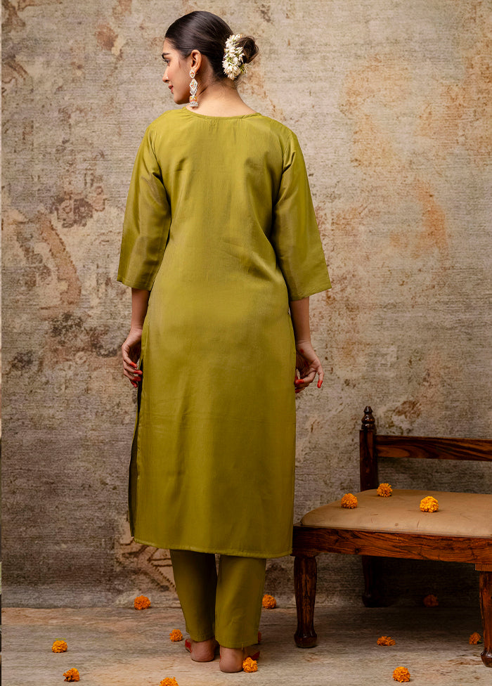 3 Pc Mehendi Readymade Silk Dupatta Suit Set