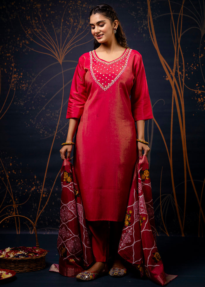 3 Pc Pink Readymade Silk Dupatta Suit Set