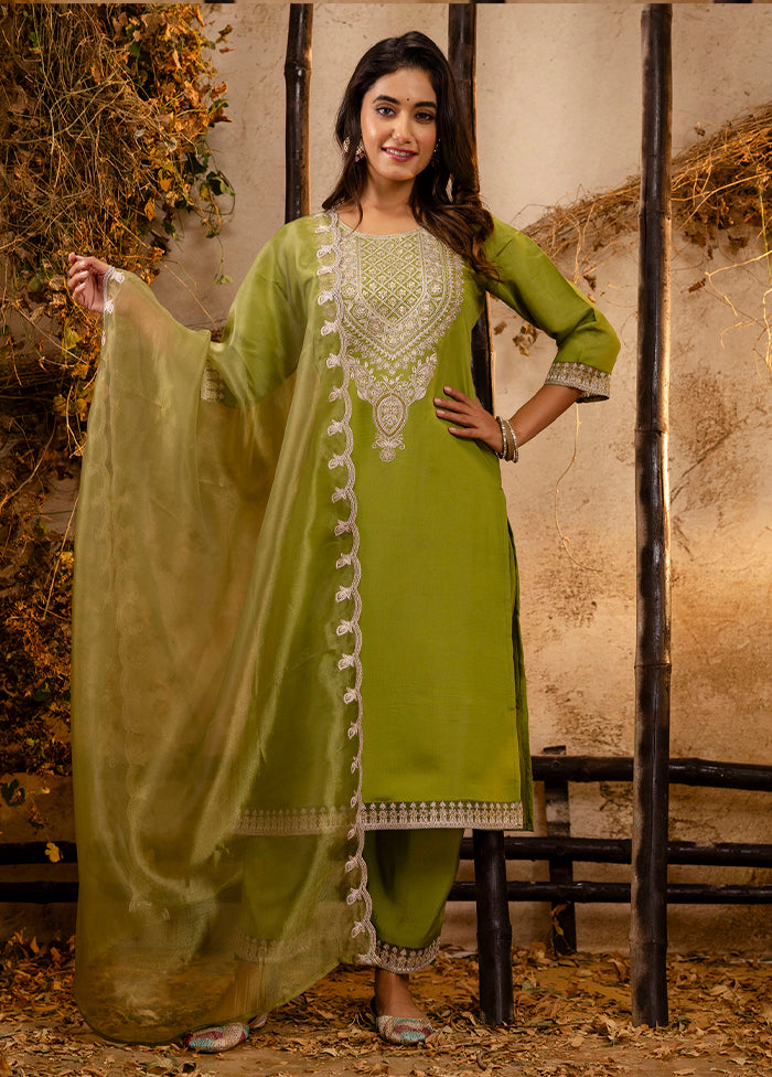3 Pc Pista Green Readymade Silk Dupatta Suit Set