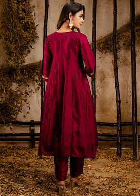 3 Pc Maroon Readymade Silk Dupatta Suit Set