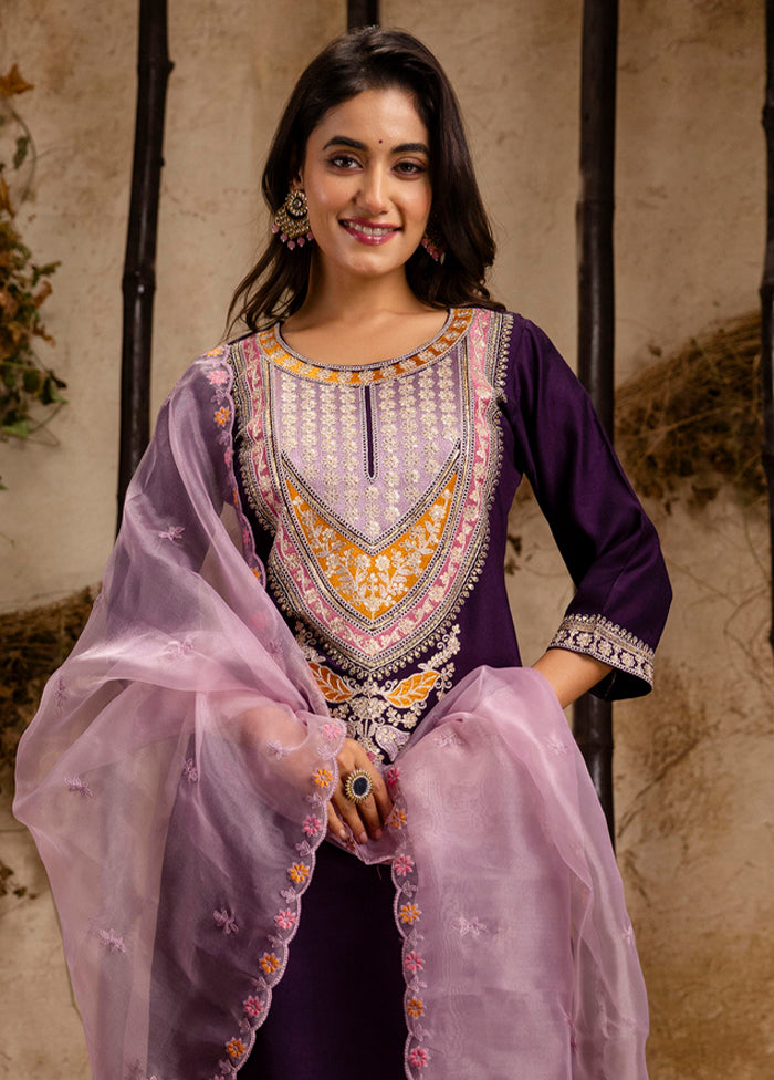 3 Pc Purple Readymade Viscose Dupatta Suit Set