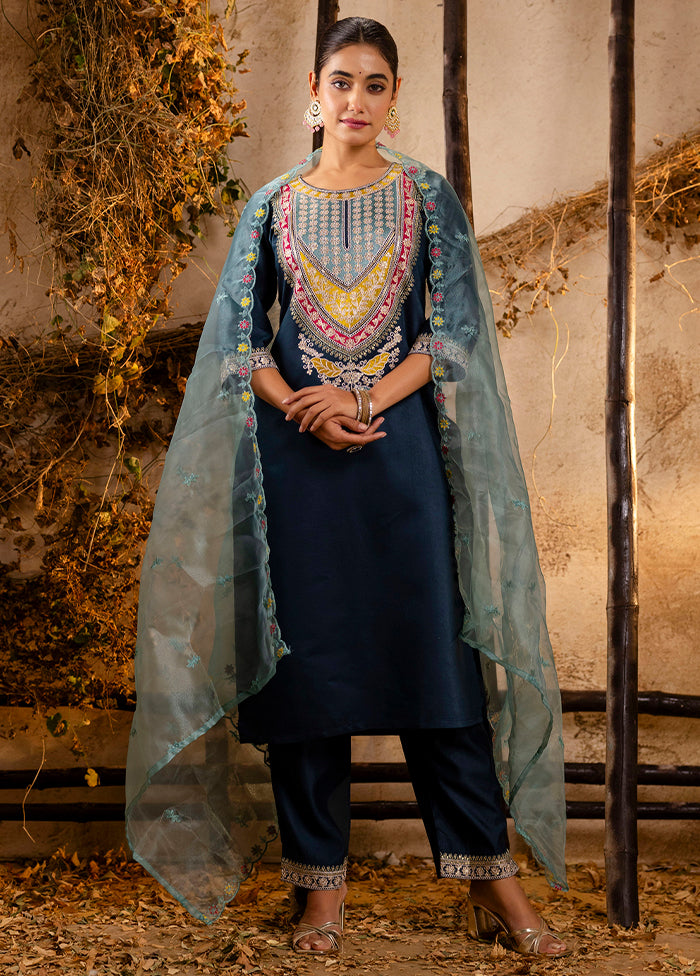 3 Pc Teal Readymade Viscose Dupatta Suit Set