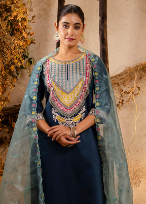 3 Pc Teal Readymade Viscose Dupatta Suit Set