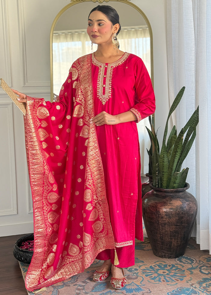 3 Pc Pink Readymade Viscose Dupatta Suit Set