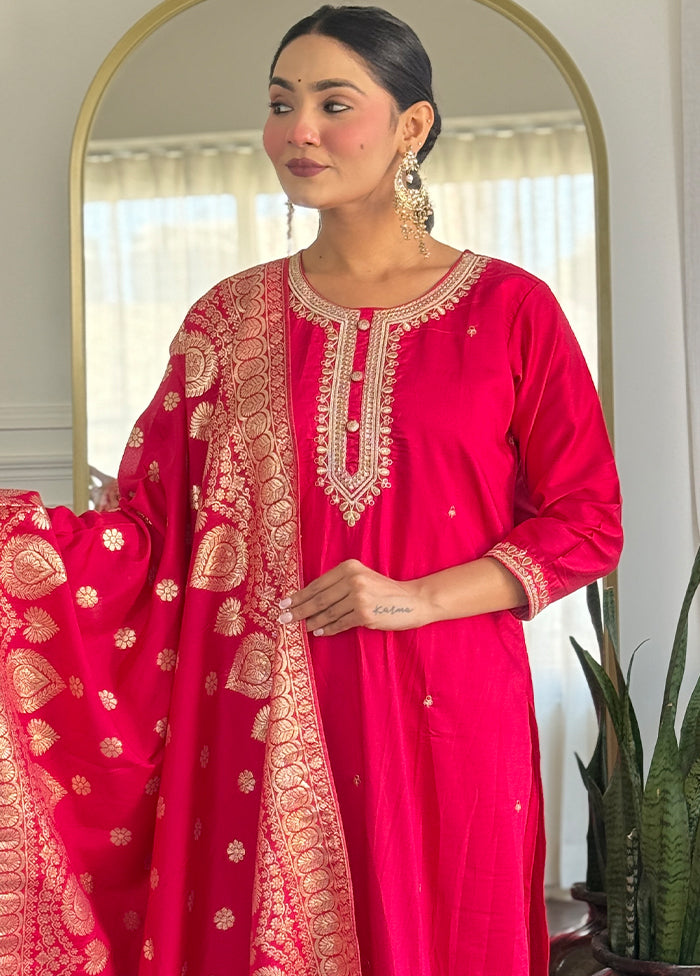 3 Pc Pink Readymade Viscose Dupatta Suit Set