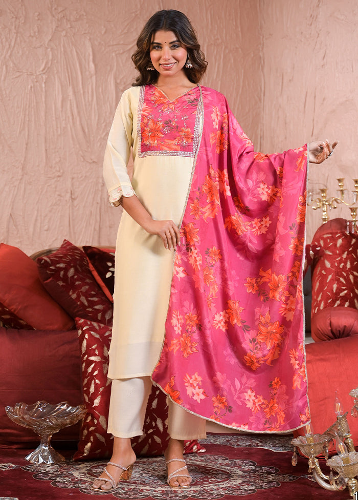 3 Pc Off White Readymade Chanderi Dupatta Suit Set