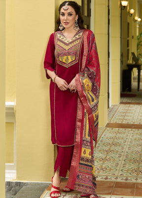 3 Pc Red Readymade Silk Dupatta Suit Set