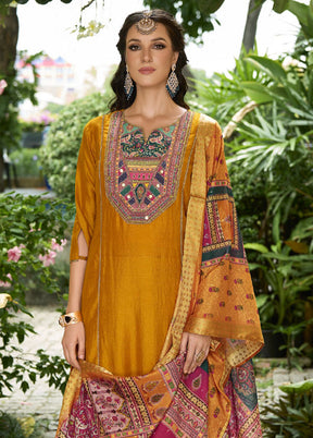 3 Pc Yellow Readymade Silk Dupatta Suit Set